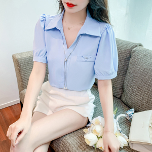 RM12864#夏季新款韩版气质V领短袖雪纺衬衫女时尚减龄上衣百搭衬衣潮