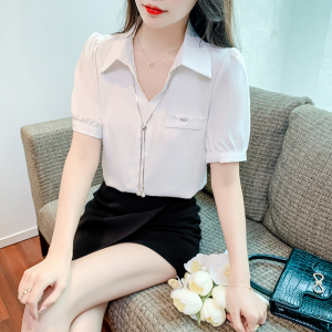RM12864#夏季新款韩版气质V领短袖雪纺衬衫女时尚减龄上衣百搭衬衣潮