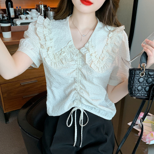 RM12568#夏季新款韩版设计感木耳边娃娃领泡泡褶皱短袖雪纺衬衫