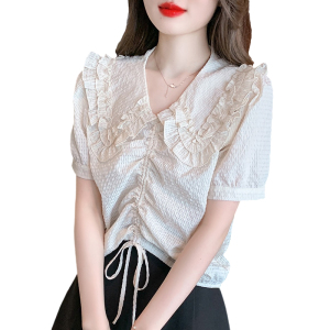 RM12568#夏季新款韩版设计感木耳边娃娃领泡泡褶皱短袖雪纺衬衫