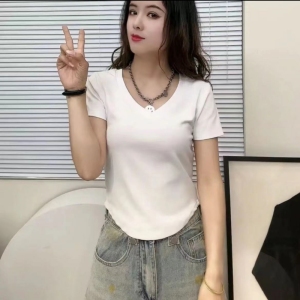 RM13487#大码女装上衣韩版时尚纯色短款修身显瘦V领T恤