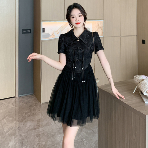 RM13267#夏季翻领时尚改良新中式旗袍网纱拼接甜美优雅连衣裙