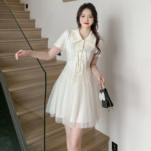 RM13267#夏季翻领时尚改良新中式旗袍网纱拼接甜美优雅连衣裙
