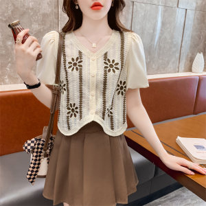 RM15335#夏季民族风蕾丝刺绣镂空针织开衫泡泡短袖衬衫上衣