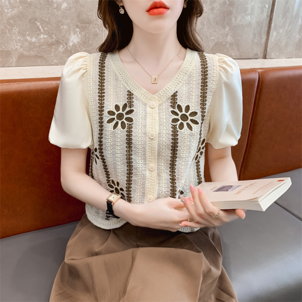 RM15335#夏季民族风蕾丝刺绣镂空针织开衫泡泡短袖衬衫上衣