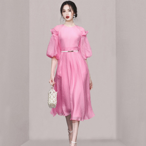 RM13169#夏季女装2023新款气质桃粉色灯笼袖收腰显瘦仙女裙连衣裙长裙裙子