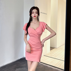 Fei Fei Sleeves Low Chest Wrap Hip Solid Short Dress Nightclub Dress