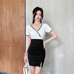 Striped Spliced Tight Wrapped Hip Short Sleeve Dress Professional Work Suit