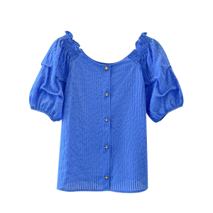 TR38052# 高级感克莱因蓝灯笼袖V领雪纺衫上衣设计感小众时髦洋气小衫 服装批发女装批发服饰货源