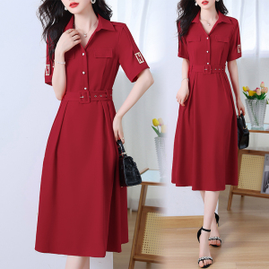 TR30472# 港风气质红色夏季连衣裙夏新款大码宽松时尚收腰显瘦裙子
