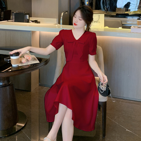 RM13242#法式红色惊艳礼服裙2023夏新款蝴蝶结平常可穿中长款连衣裙