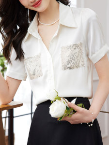 RM15803#夏季新款韩版亮片口袋短袖衬衫轻熟风POLO领气质上衣