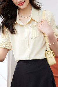 RM15804#夏季新款韩版气质压褶小心机雪纺灯笼袖衬衫上衣女