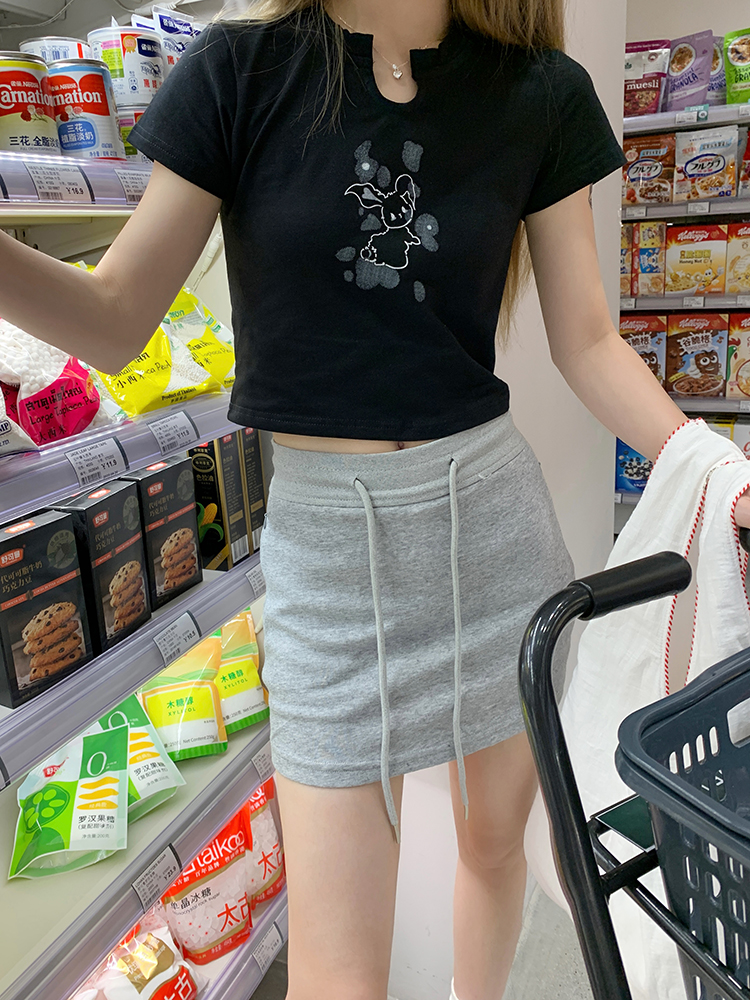 Actual shot of hot girl bunny print slim fit short T-shirt