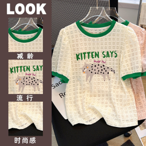 RM12972#蕾丝泡泡袖T恤女夏2023年夏季新款时尚短袖印花上衣减龄洋气小衫
