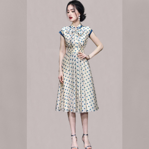 TR30629# 夏新款韩版时尚波点领口系蝴蝶结气质连肩袖修身显瘦连衣裙