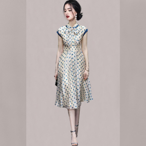 TR30629# 夏新款韩版时尚波点领口系蝴蝶结气质连肩袖修身显瘦连衣裙