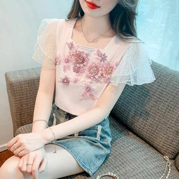RM18610#夏季新款韩版甜美订珠刺绣花朵方领荷叶袖T恤女休闲上衣