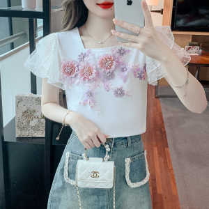 RM18610#夏季新款韩版甜美订珠刺绣花朵方领荷叶袖T恤女休闲上衣