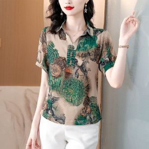 RM14146#夏季新款短袖上衣女士时尚遮肚子印花妈妈装大码雪纺衫