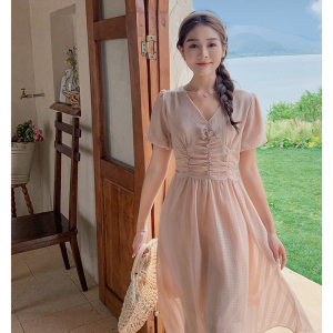RM13321#法式在逃公主连衣裙短袖设计感V领收腰显瘦温柔甜美