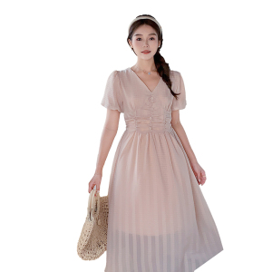RM13321#法式在逃公主连衣裙短袖设计感V领收腰显瘦温柔甜美