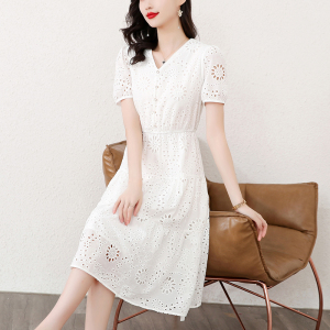 TR42644# 法式白色短袖连衣裙设计感高级女新款夏显瘦收腰裙服装批发女装批发服饰货源