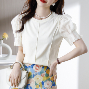RM12705#索罗娜+U质亲肤棉珍珠泡泡袖雪纺上衣女设计感别致洋气小衫