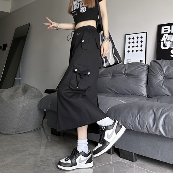RM15428#高街黑色工装裙子长款开叉半身裙2023夏季新款高腰A字裙潮