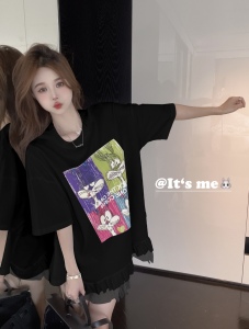 RM18301#夏季韩版中长款蕾丝边拼接四宫格卡通印花圆领T恤
