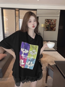 RM18301#夏季韩版中长款蕾丝边拼接四宫格卡通印花圆领T恤