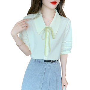 RM12569#夏季新款宽松甜美小清新系带设计感刺绣花边短袖衬衫