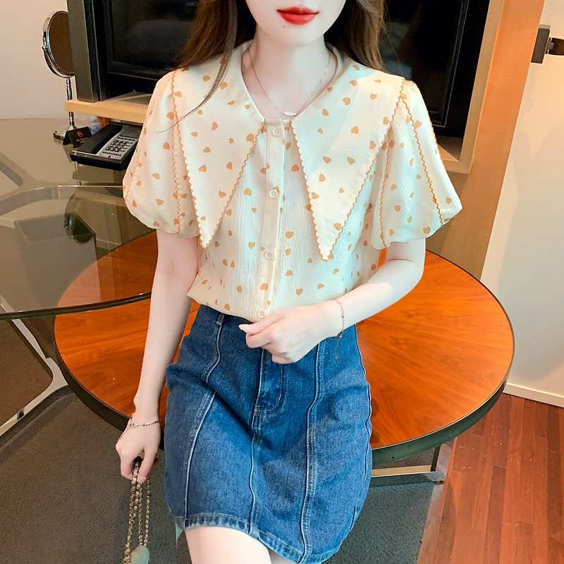 2026夏季新款法式波點襯衫女設計感小眾洋氣時尚泡泡袖娃娃領上衣