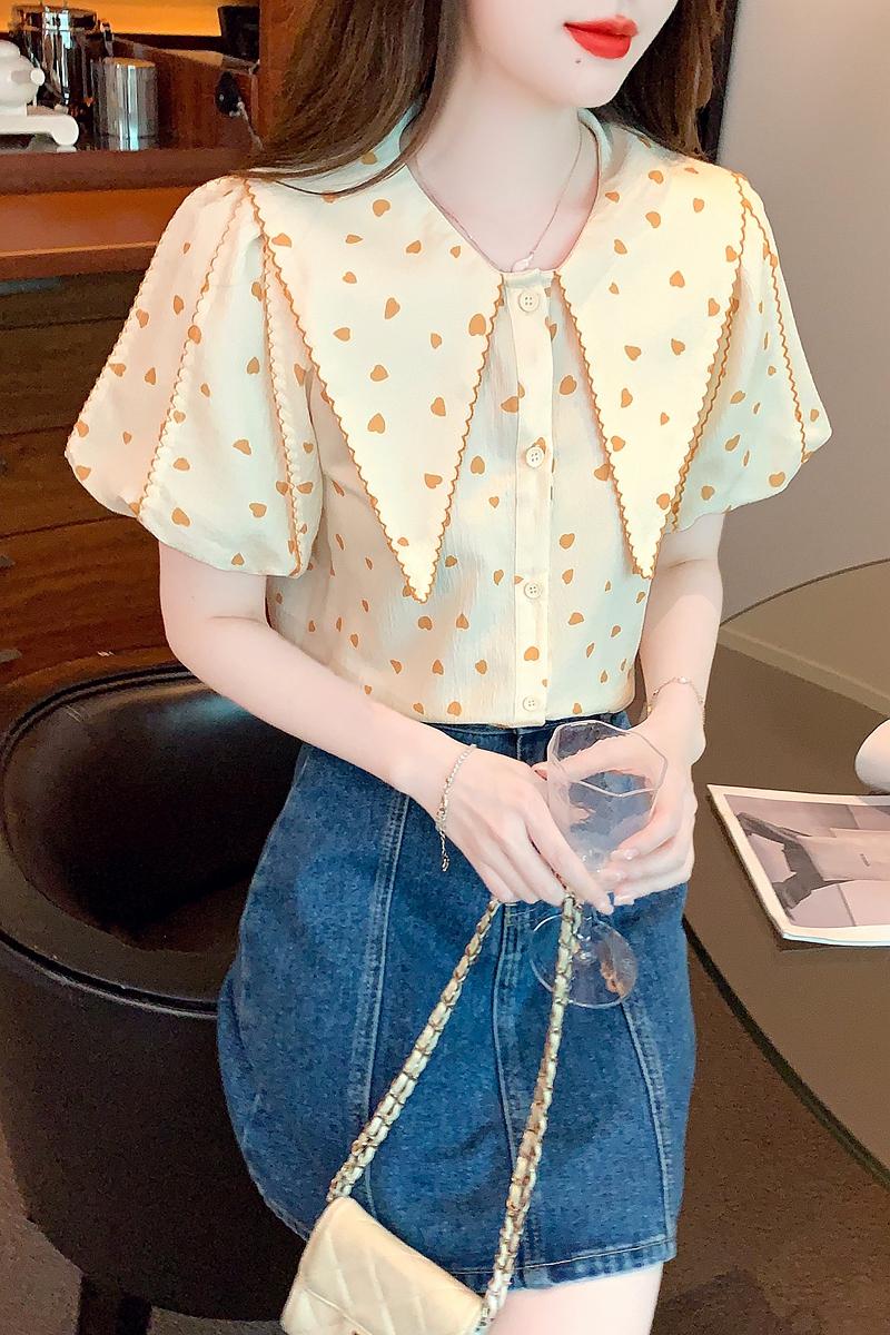 2026夏季新款法式波點襯衫女設計感小眾洋氣時尚泡泡袖娃娃領上衣