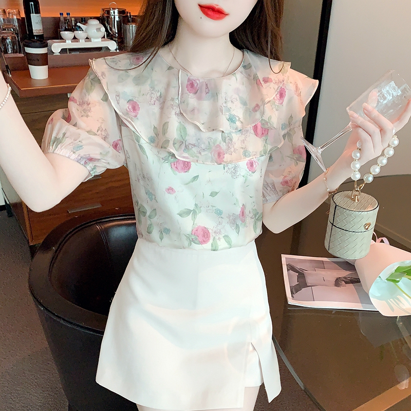 韩国2024春夏尼罗河花园小衫女法式荷叶边上衣碎花短袖衬衫