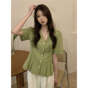 TR44329# 夏季绿色衬衫韩版v领明线设计感百搭气质短袖上衣 服装批发女装批发服饰货源