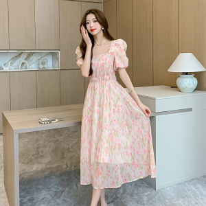 RM15168#茶歇法式夏季连衣裙女2023赫本风长裙粉色气质印花显瘦甜美仙裙子