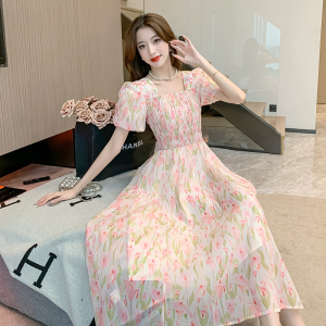 RM15168#茶歇法式夏季连衣裙女2023赫本风长裙粉色气质印花显瘦甜美仙裙子