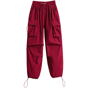 RM20529#美式复古红色2023夏薄款高街束脚阔腿两穿冰丝速干休闲工装裤