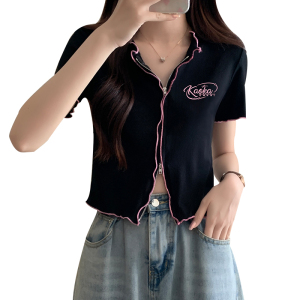 RM12650#人棉莫代尔新款修身缴边别致设计短款开衫双拉链短袖T恤女