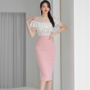 TR30676# 新款两件套夏季韩版荷叶边蕾丝上衣修身时尚包臀裙套装