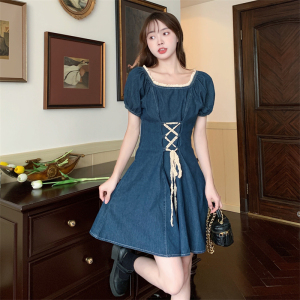 RM13191#大码女装新款绑带泡泡袖牛仔连衣裙气显瘦薄牛仔裙S-4XL200斤