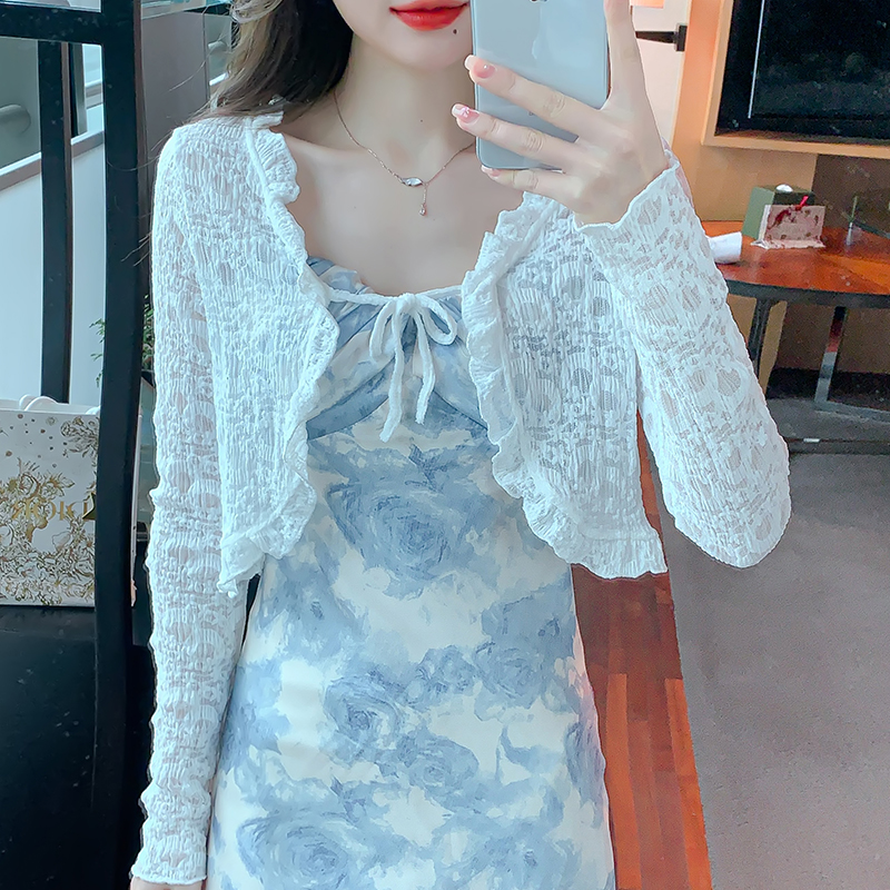 Already shipped 2024 spring and summer new short ruffled lace sunscreen shirt long-sleeved lace-up cardigan