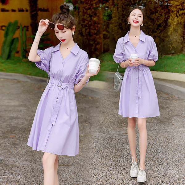 RM13647#紫色衬衫裙女2023夏新款短袖设计感甜美气质收腰小个子连衣...