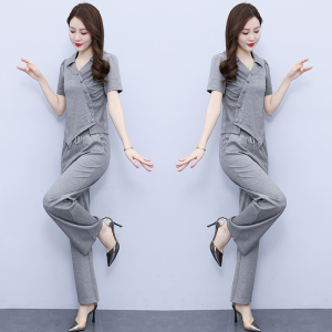 RM16394#时尚休闲套装女夏新款高档短袖不规则上衣翻领显瘦运动服两件套潮