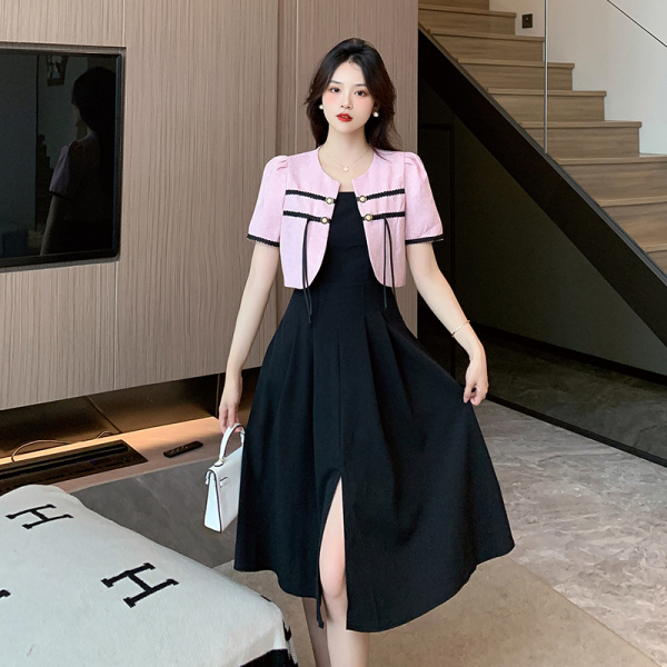 RM14403#小香风套装高级感夏季盘扣短外套女两件套连衣裙黑色吊带裙
