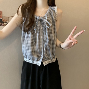 TR34939# 大码夏季韩系显瘦百搭设计感无袖系带小衫单排扣格子衬衫