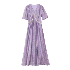 RM18838#夏季2023年新款小个子在逃公主裙茶歇法式温柔风紫色V领连衣裙子