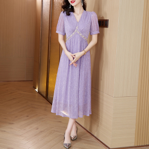 RM18838#夏季2023年新款小个子在逃公主裙茶歇法式温柔风紫色V领连衣裙子