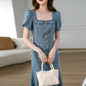 RM18170#新款韩版超修身显瘦夏季牛仔连衣裙甜美方领短袖淑女长裙